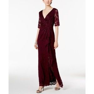 Adrianna Papell Womens Red Burgundy Lace Long Dress Embellished Gown Cocktail  4